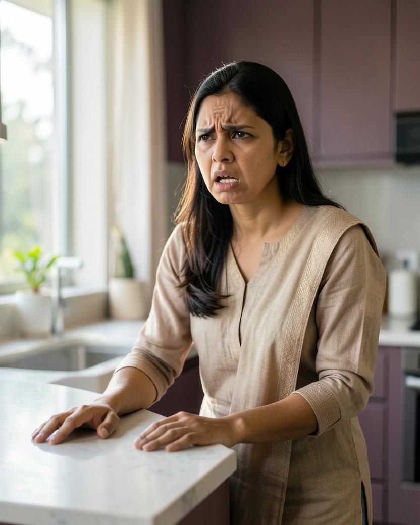 An overwhelmed Indian mother pausing during a moment of anger