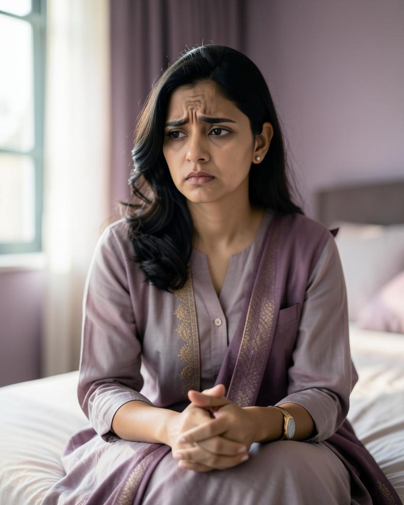 An Indian mother sitting quietly with feelings of guilt