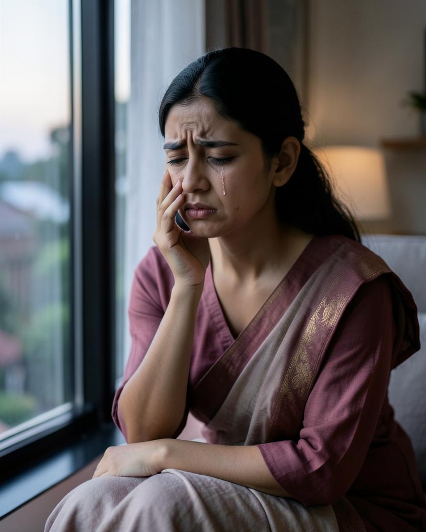 An Indian mother crying alone beside a window