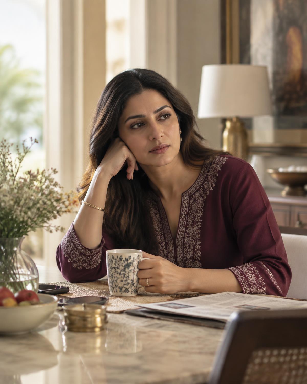 A thoughtful Indian mother taking a quiet pause