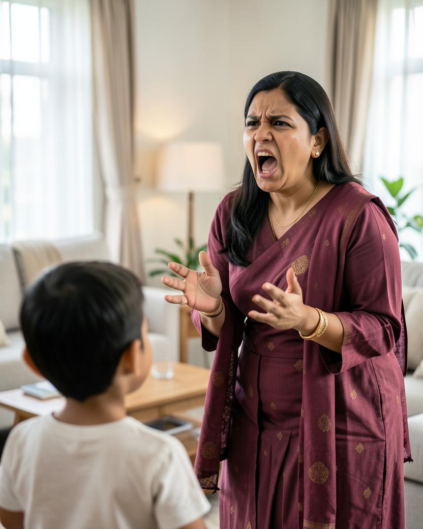 An Indian mother caught in a difficult shouting moment at home