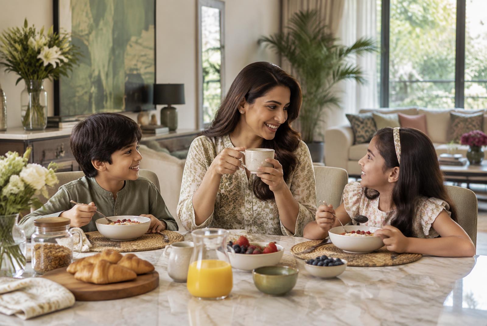 A peaceful morning shared by an Indian mother and her children